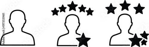 Three flat line icons representing user profile ratings with stars for feedback and review Vector