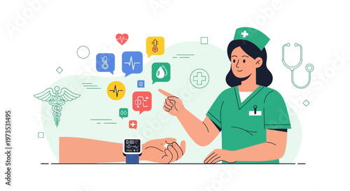 Nurse using smartwatch for health monitoring with medical icons and symbols