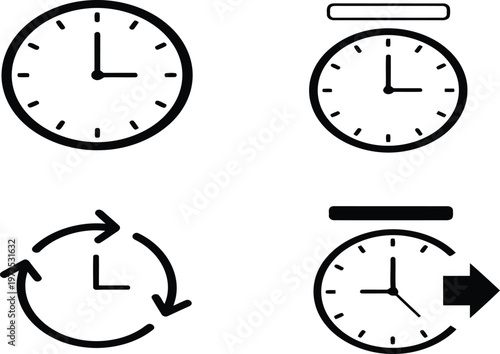 Set of minimalist black and white clock icons representing time management and scheduling concepts Vector