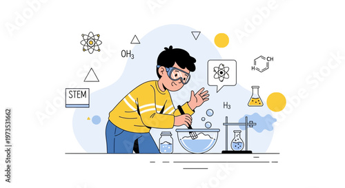 Young boy conducting science experiment, STEM education, chemistry lab, learning, discovery