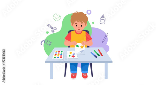 Young boy doing arts and crafts at a table, cutting out stars from paper.