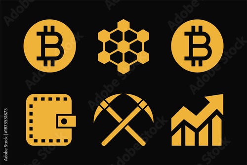 Cryptocurrency investment symbols set showcasing bitcoin coins blockchain honeycomb network digital wallets mining tools growth charts
