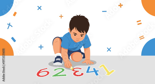 Young boy drawing numbers with chalk on the floor, learning math concept