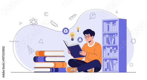 Young man reading book in library, surrounded by knowledge symbols, education concept