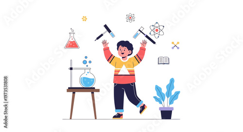 Young Scientist Boy Excitedly Conducting Chemistry Experiment with Bubbling Flask