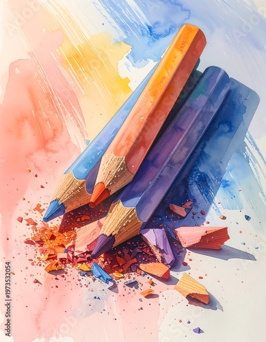 A watercolor-style depiction of three oversized colored pencils, with broken tips surrounded by pigment on a textured backdrop