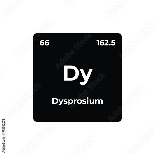 Dysprosium element tile, periodic table design with atomic number 66, symbol Dy, atomic mass 162.5 on black background, minimal science chemistry concept