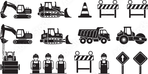 Construction site icons and workers in black and white