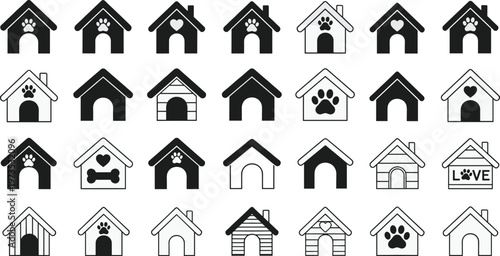 Dog house silhouette icons set, pet home symbols collection, black and outline styles, kennel illustrations, animal shelter signs, vector design, isolated on white