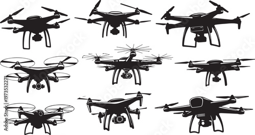 Collection of various drone silhouettes in different flying positions
