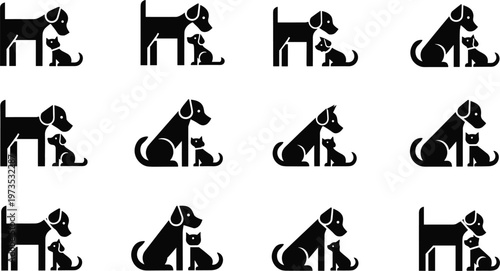 Dog and cat silhouette set, pet friendship poses, isolated black icons, animal companionship illustration, canine feline collection, minimal vector design, domestic animals