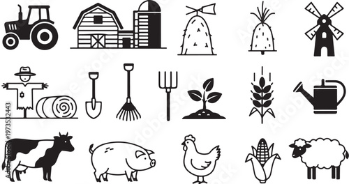 Farm icons and tools for agriculture and rural life