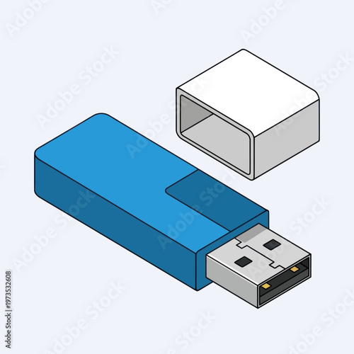 Isometric Illustration of a Blue USB Flash Drive with Cap.