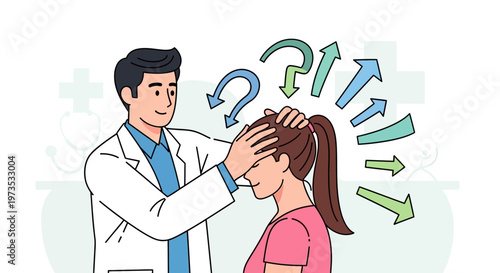 Doctor examining patients head with confused thoughts around.