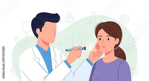 Doctor examining patients face with medical instrument.