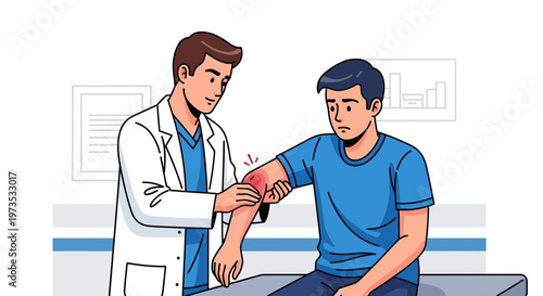 Doctor examining patients injured arm with care.