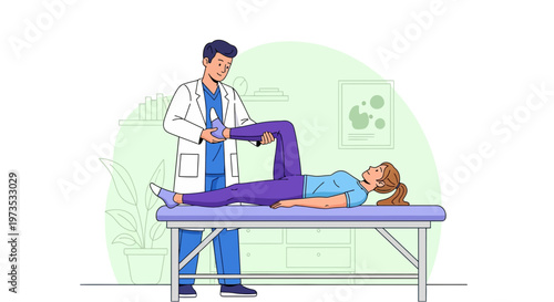 Doctor examining patients leg on examination table.