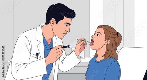 Doctor examining young womans throat with tongue depressor and light.