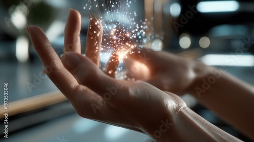 Mystical Hands: A close-up shot of two hands gently cradling shimmering particles, evoking a sense of wonder and the unknown.
