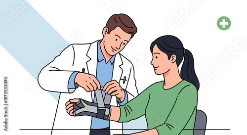 Doctor fitting a wrist brace on a patients arm.
