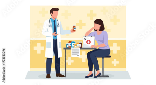 Doctor giving medicine to patient in clinic.