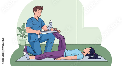 Physical therapist assisting patient with leg stretch exercise.