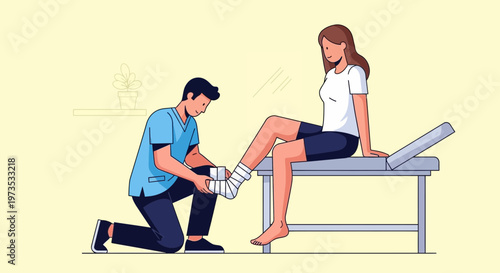 Physical therapist bandaging patients injured ankle on examination table.