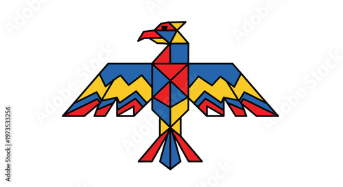 A stylized geometric thunderbird, featuring zigzag wings and a sharp beak in primary colors, is centered on a clean white background.