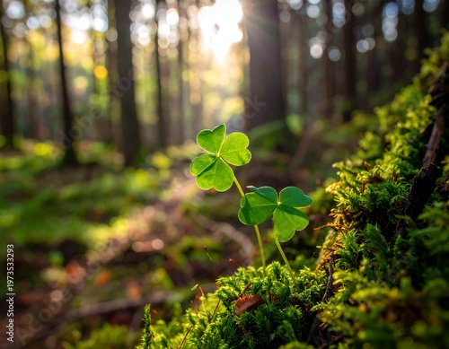 Close-up shot of a vibrant green three-leafed plant, illuminated by sunlight in a lush forest setting, with blurred background