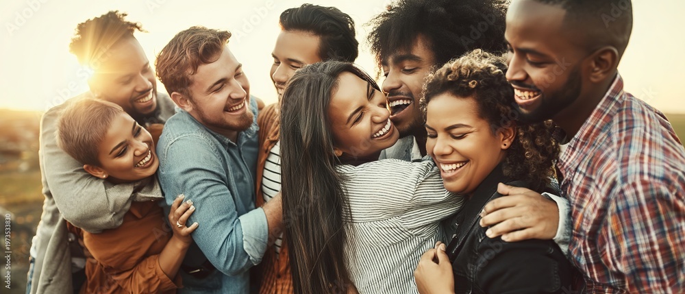 Fototapeta premium A diverse group of young adults hugging and celebrating outdoors at golden hour