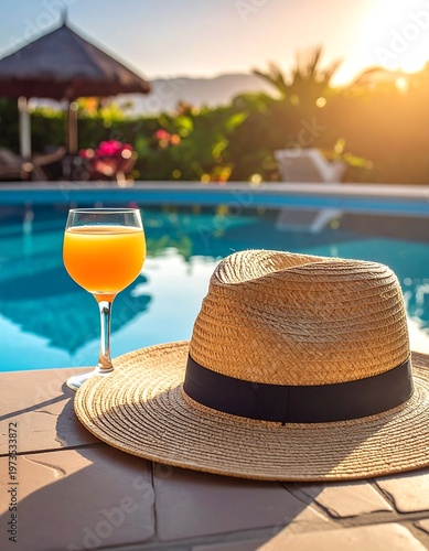 A tropical vacation scene with a vibrant orange drink, straw hat, and sunlit pool in the background
