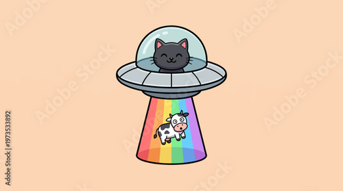 Whimsical black cat aboard a UFO tractor beam, joyfully abducting a colorful cow with a rainbow light, creating a surreal and charming extraterrestrial scene