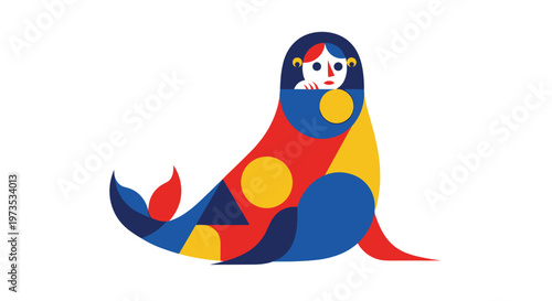 A geometric Scottish Selkie, composed of primary colored shapes, sits with a human face peering from its form on a clean white background.