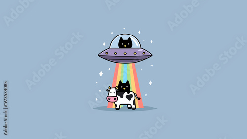 Whimsical cartoon illustration of a UFO abducting a cow with a cat pilot, set against a pastel blue background with a rainbow