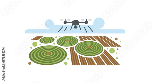 Drone spraying green circular farm fields.