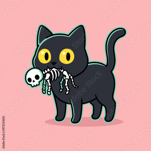 Whimsical Black Cat Carrying a Tiny Skeleton and Skull in its Mouth, a Cute and Spooky Cartoon Illustration for Halloween