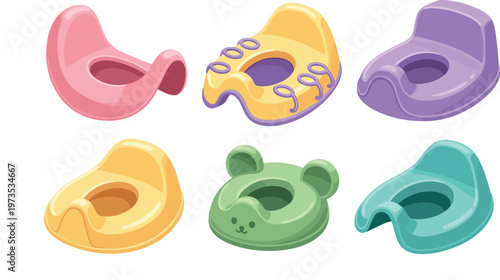 Baby Potty Training Seats Collection Colorful Bathroom Accessories Flat Vector Set
