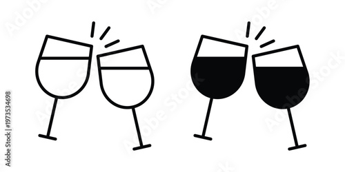 Clinking glasses icon symbol. Icon in flat style and line. Black and white