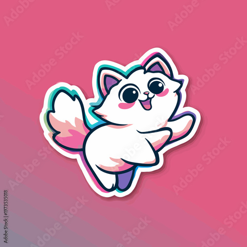 Adorable white fluffy cat character jumping and playing with a happy expression, sticker design illustration