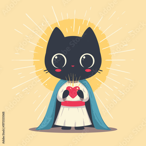 Cute cartoon black cat with a halo and a cape holding a heart, representing love and divinity