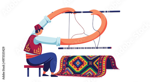 A stylized vector illustration shows a single artisan with exaggerated arms meticulously weaving a colorful, patterned Turkish rug on a loom against a plain white background.