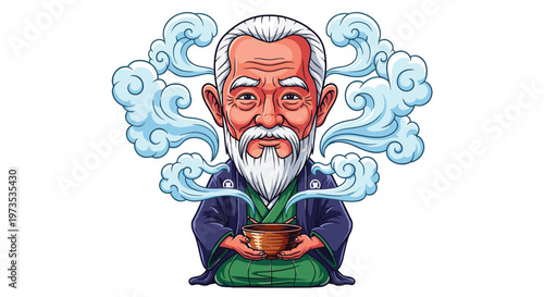 An exaggerated proportion vector illustration portrays an elderly Japanese tea master with a white beard, holding a tea bowl, with steam emanating behind him against a white background.