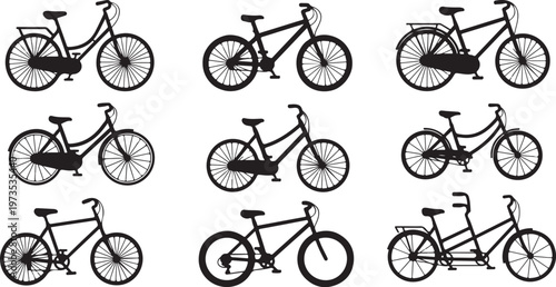 Collection of various bicycle silhouettes in black and white