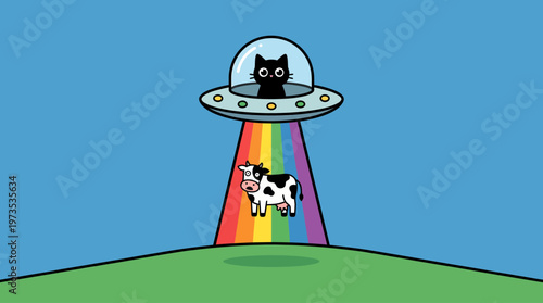 A charming cartoon depicts a mischievous black cat piloting a flying saucer, hilariously abducting a surprised cow with a vibrant rainbow tractor beam over a rolling green landscape