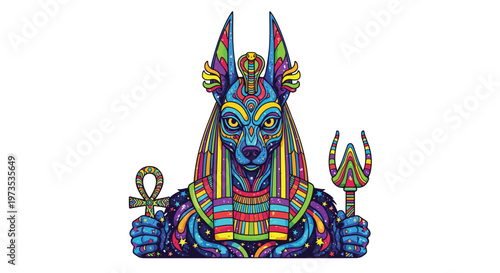 A highly stylized and vibrantly colored pop art illustration portrays the Egyptian god Anubis, featuring a jackal head and holding ancient symbols against a clean white background.