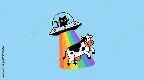 Whimsical cat pilot in a flying saucer abducts a spotted cow with a vibrant rainbow beam, creating a playful and humorous extraterrestrial encounter