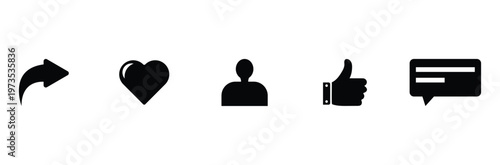 Social media icons thumb up and heart icon with repost and comment. Like, comment, share and love icon. Vector illustration