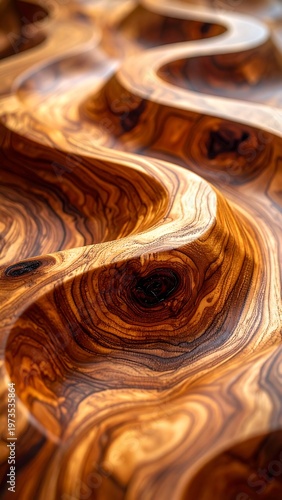 Close-up view showing a carved wooden surface with smooth, flowing contours and intricate grain patterns. The warm tones and textures create a tactile feel