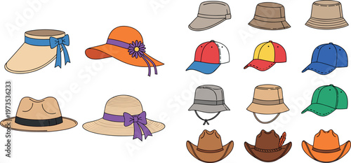 Cartoon vector illustration of assorted hats in fashion and cultural headwear design collection