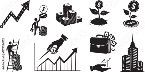 Financial Growth and Business Success Icons in Black and White